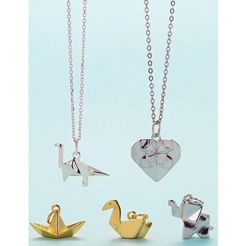 925 silver origami folding heart necklace paper boat duck necklace dinosaur elephant for kids girls women funny necklace