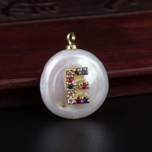 Rainbow cz paved tiny initial 26 alphabet letter name charm coin freshwater pearl pendant for DIY jewelry gift