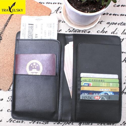 Clearance Women RFID Business Passport Holder Leather Wallet Men Travel Organizer Wallets Functional Card Holder Purse Black
