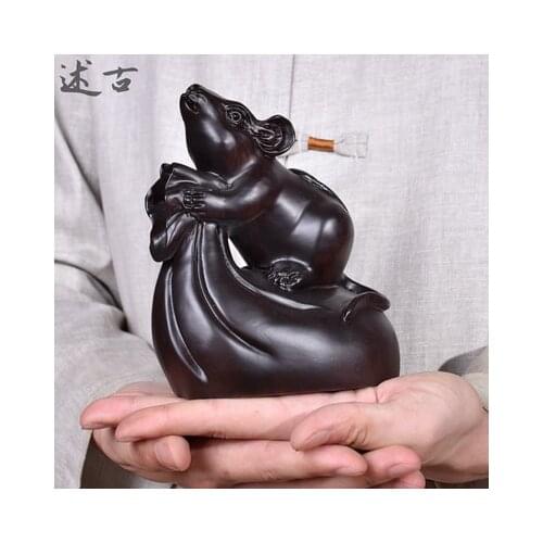 Wood carving black sandalwood Solid zodiac part rabbit hare rat mouse round carving crafts gifts home desk decoration