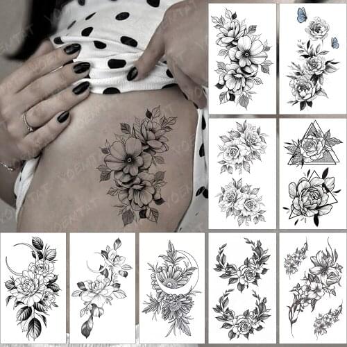 Waterproof Temporary Tattoo Sticker Realistic Black Sexy Waist Flowers Peony Roses Flash Tatoo Fake Tatto For Body Art Women Men