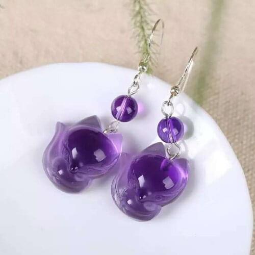 Natural Purple Amethyst Crystal Fox Earrings Fashion Women Gift 19x17mm 925 Sterling Silver Earring AAAAA