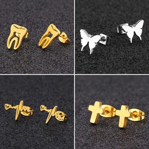 Jisensp Unique Fashion Medical Tooth Stud Earrings Punk Butterfly Heartbeat Stainless Steel Earrings for Women Doctors Best Gift