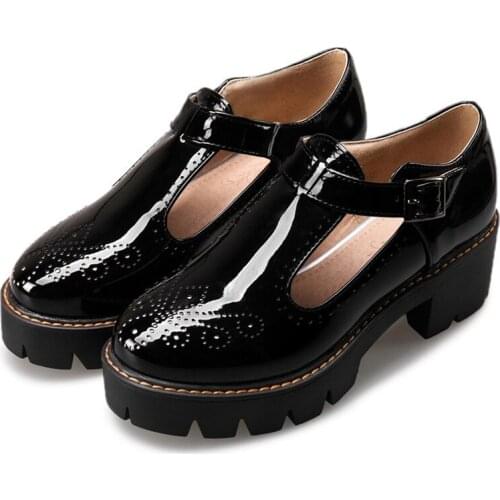 AGODOR Woman T Strap Pumps with Strap Patent Leather Platform Low Heels Shoes Women Round Toe Dress School Office Shoes Black