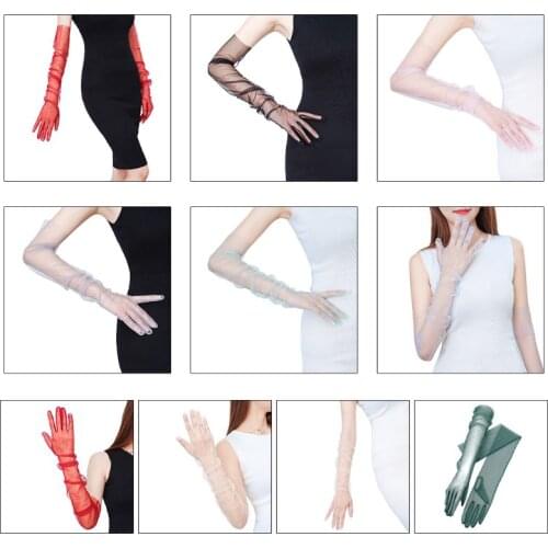 Womens Ultra Thin Tulle Elbow Long Wedding Gloves Solid Color Sheer Transparent Sunscreen Vintage 1920s Opera Dance Party