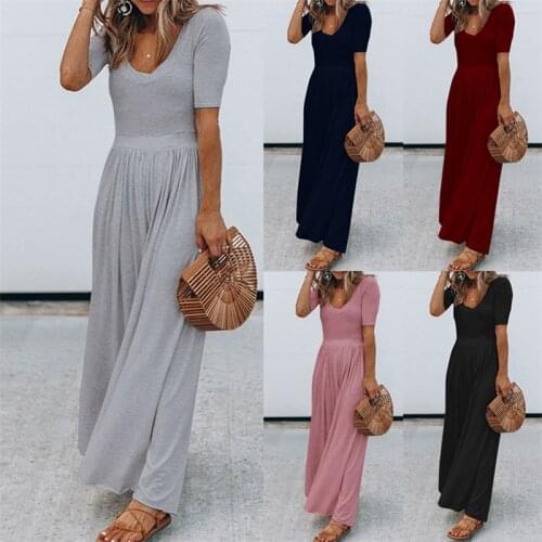 Summer Female Short Sleeves Solid High Waist Flare Maxi Dress Women Low Neck Casual Lady Long Jumpsuits