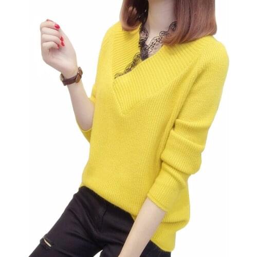 2019 Spring Womens Sweater V-neck Lace Sexy Stitching Bottoming Sweaters Knitted Women Pullover Slim Sexy Elastic Jumper S190