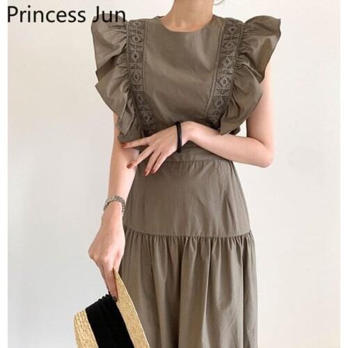 Vintage Palace Style Elegant Women Long Dress Ruffled Lace Stitch Flying Sleeve Party Dress Summer Fashion Empire A Line Dress