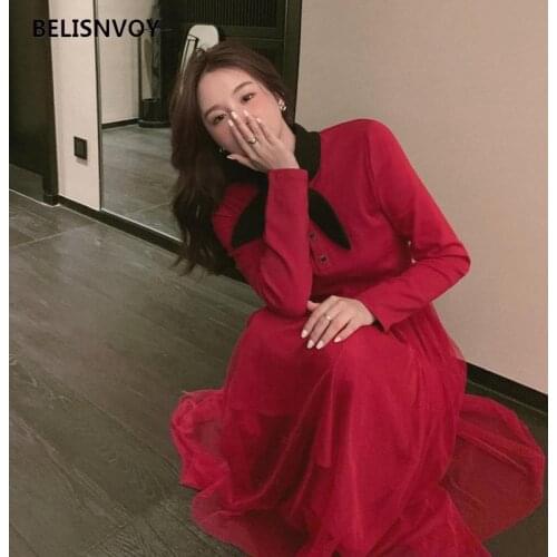 Women Autumn Winter Chic Elegant Long Sleeve Dresses Female Patchwork Mesh French Retro A-Line Red Dress Ladies Slim Vestidos