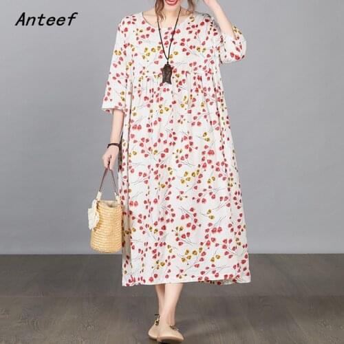 Short sleeve cotton vintage floral dresses for women casual loose long woman summer dress elegant clothes 2021