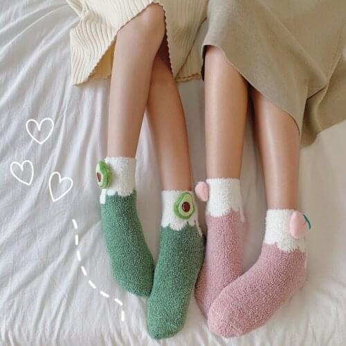 Strawberry Winter Womens Socks Thick Plus Velvet Kawaii Fruit Funny Socks Coral Fleece Sleeping Socks Clothing For Cute Girl
