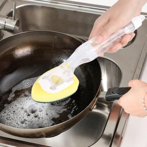 1pcs Kitchen Sponge Cleaning Brush With Refill Liquid Handle Scouring Pad Sponge Brush Dispenser Dish Scrubber Home Washing Tool