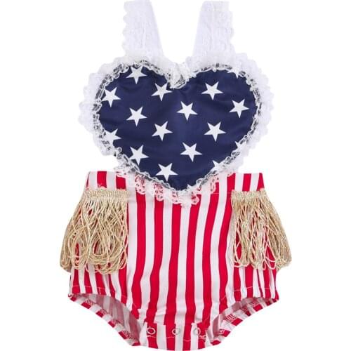 2021-04-28 Lioraitiin Baby Girl Independence Day Romper Star Stripe Printing Heart Lace Splicing Sleeveless Suspender Jumpsuit