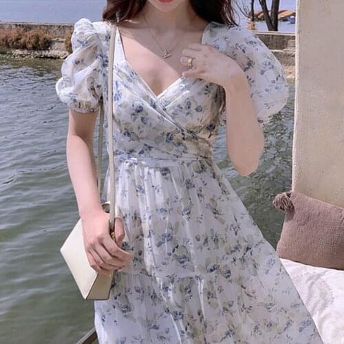 2021 Summer Puff Sleeve Elegant Dress Women Floral Vintage Square Collar Dresses Party Evening For Females One Piece Robe Korean