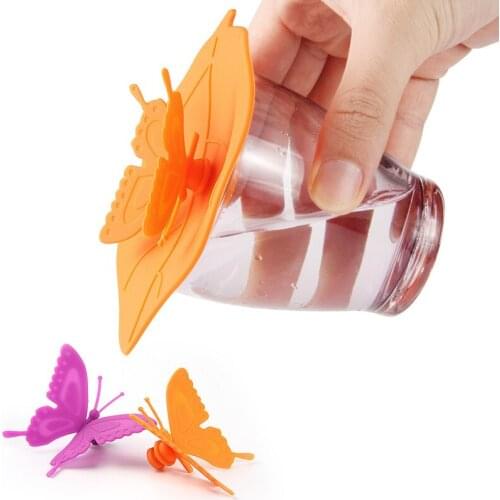 6pcs Cute Butterfly and Leaf Shaped Leak-Proof Silicone Cup Lids Candy Color Suction Seal Covers Kitchen Tool Wedding Decor