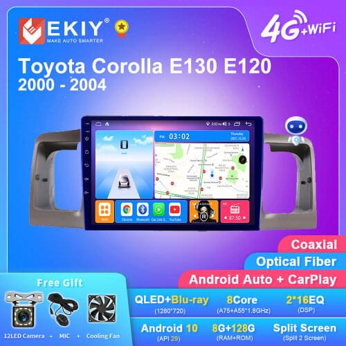 EKIY QLED 1280*720 Android 10 Car Radio 6G+128G For Toyota Corolla E130 E120 2000 - 2004 Multimedia Player GPS Navigation Stereo