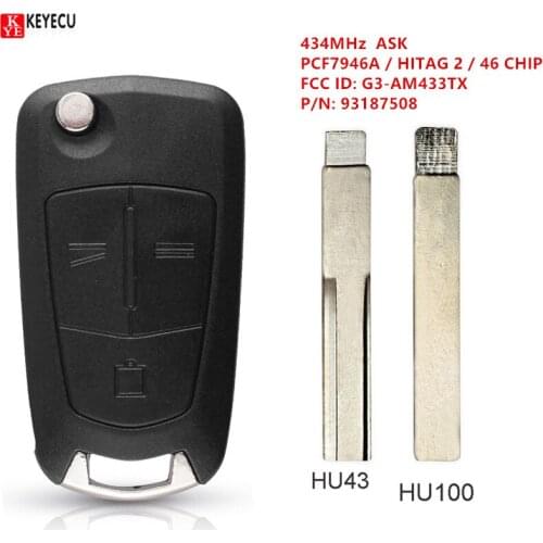 KEYECU Flip 3 Button Remote Key Fob ASK 433MHz PCF7946 for Vauxhall/Opel Vectra C,Signum 2003-2007 Uncut HU43 / HU100