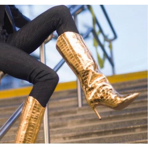 Dipsloot Drop Shipping Gold Stone Print Leather Pointed Toe Knee High Boots Woman Fashion Stiletto Heels Slip On Long Boots