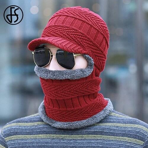 FS Knitted Skullies Beanies With Short Brim Black Gray Cycling Windproof Neck Warm Winter Woolen Hat And Scarf Set ForMen Women