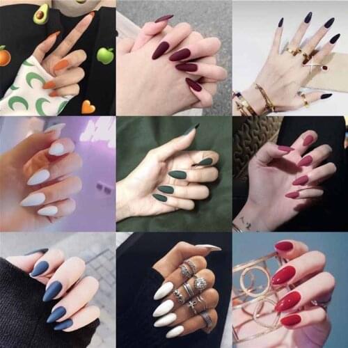 GAM-BELLE 24Pcs/Set Almond False Nails Solid Color Full Cover French Acrylic Nail Tips Press On Nails with Glue Manicure Tools