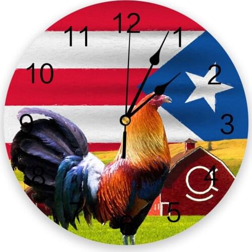 Farm Rooster Puerto Rico Flag Round Wall Clock Modern Design Home Living Room Decoration Childrens Room Kitchen Table Clock