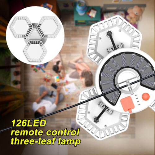 New 126LED 30W 5Mode Solar Three-leaf Camping Lamp with Remote Control USB Charging Hook Emergency Light Lantern Phone Charger