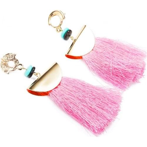 6 Fashion Solid Colors Strings Tassel Blue Black Round Beads Small Hoop Golden Sector Dangle Earrings for Women