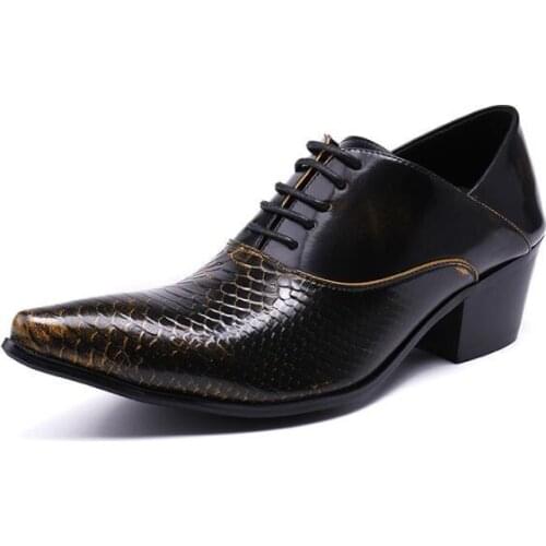 Plus Size 38-46 British Men High Heel Snakeskin Pointed Dress Wedding Shoes Oxford Boots Men Luxury Business Office Shoes