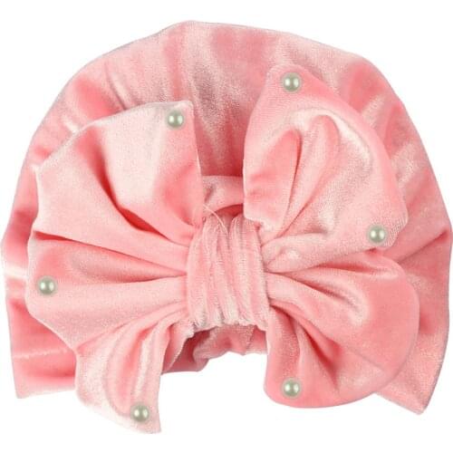 New Childrens Gold Velvet Turban Pearl Indian Cap Bowknot Baby Turbantes
