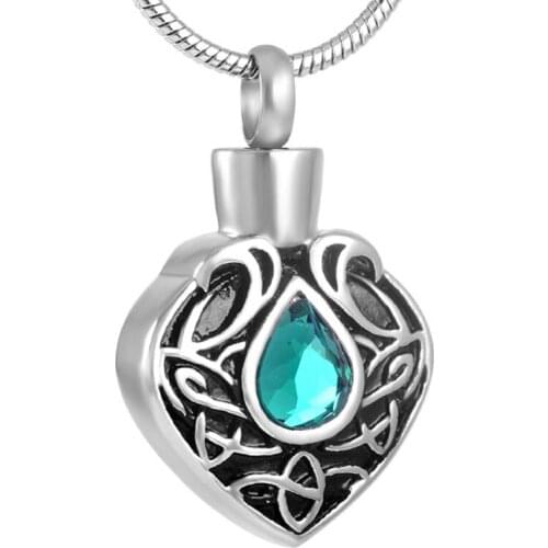 IJD8593 Stainless Steel Vintage Heart Cremation Pendant Hold Little Teardrop Crystal Memorial Urn Necklace For Women and Man