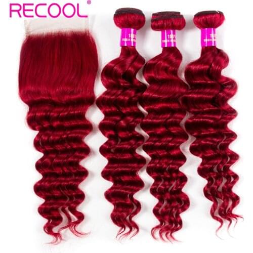 Recool Red Brazilian Hair 3 Bundle Loose Deep Weave Remy Human Hair Weft With 4*4 Lace Closure Free Shipping