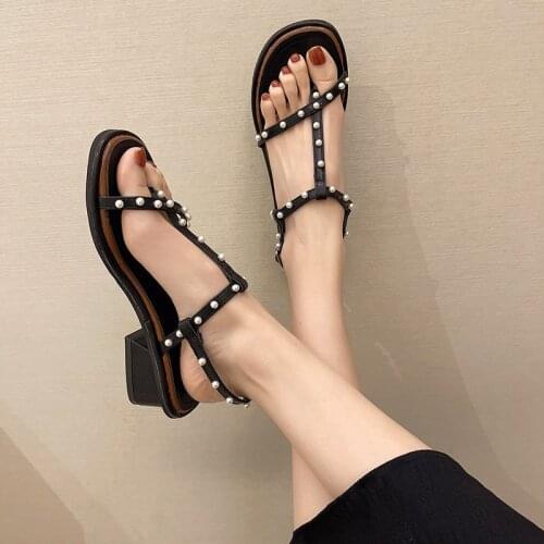 Romanesque ladies sandals retro fashion open toe solid color mid-heel pearl summer elegant temperament high heels hot sale