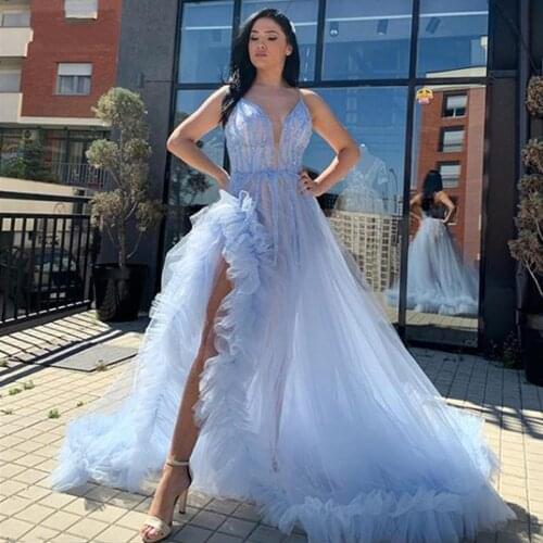 Sexy See Thru Blue High Side Split Tulle Long Prom Gowns Ruffles Beaded Women Dresses To Party Vestido De Mujer