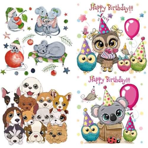 Cute Owls Dog Mouse Iron On Heat Transfers Vinyl Thermal Heat Transfer Cartoon Patches For Clothing DIY Stickers On Baby Clothes