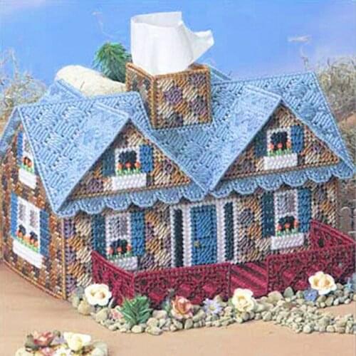 Three-dimensional Embroidery 5D Cross Stitch DIY Living Room Long House Villa Tissue Box Roll Cross Stitch Kits for Home Decor