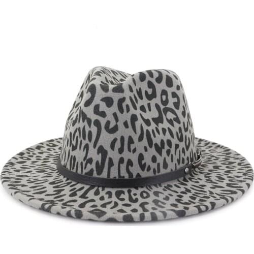 Trend Leopard-print Wool Felt Jazz Fedora Hats Casual Men Women Leather Band Panama Wide Brim Felt Floppy Hat Trilby Sombrero