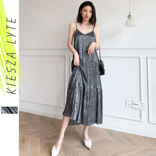 Bright Silver Pleated Dress 2021 New Summer French Vintage Sexy Holiday A Line Sleeveless Midi Dresses Female Vestidos