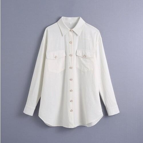 Women White Cotton Shirt Spring 2021 New Fashion Full Sleeve Pearl Button Modern Lady Casual Top