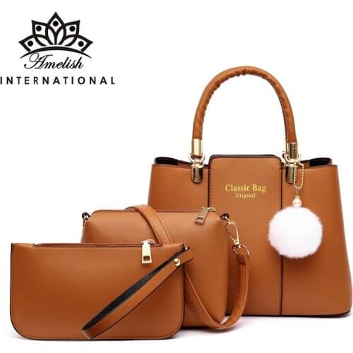 AMELISH High Quality Leather Composite Bags Vintage 3pcs Set Shoulder Handbags Brand Designer Purse Clutch Women Ladies Hand Bag