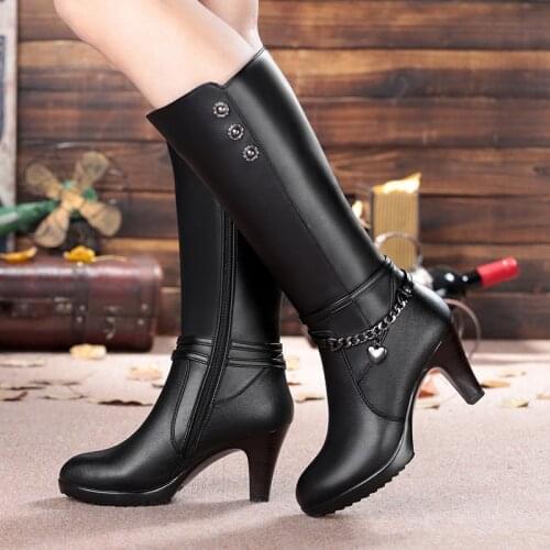 Woman boots, high-heeled 2019 Genuine Leather motorcycle boots. thick wool warm winter boots. female fashion long-barreled 758