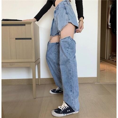 Bella 2021 European Summer New Thin Design Sense Denim Detachable Straight Loose High Waist Loose Jeans Pants Women Streetwear