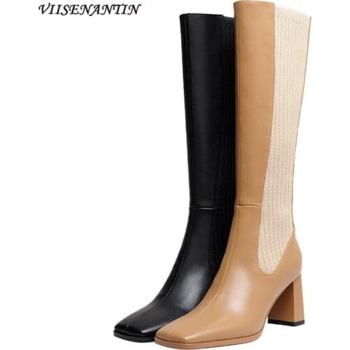 Square Toe Autumn /Winter High Thick Heel Fashionable Apricot Stretch High-top Womens Knee-high Boots Real Leather Shoes Girls