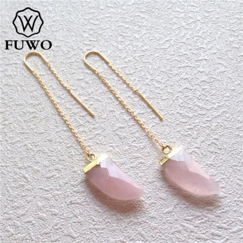 FUWO Natural Pink Quartz Earrings With Gold Filled Fashion Jewelry Carved Rose Gem Stone Threader Earrings For Women ER013