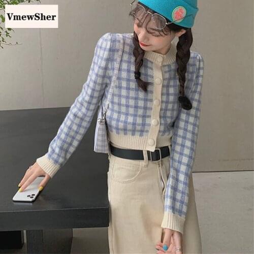 VmewSher New Spring Plaid O-neck Short Knitted Sweaters Women Cardigan Single Breasted Slim Autumn Fashion Long Sleeve Crop Tops