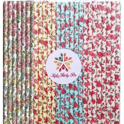 200pcs Mixed 4 Designs Colorful Floral Paper Straws Bulk-Colored Flower-Vintage Wedding Birthday Party Bridal Baby Shower Garden