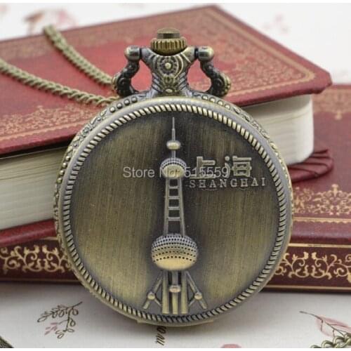 50pcs/lot DHL Free Shipping Shanghai Tower Pocket Watch High Quality Watch Necklace Gift Watch Factory Price Wholesale