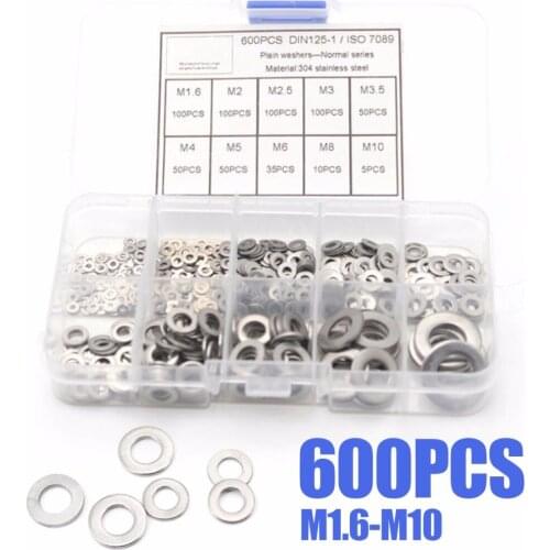 600Pcs DIN125 M1.6 M2 M2.5 M3 M3.5 M4 M5 M6 M8 M10 Round Stainless Steel Flat Plain Washer Gasket Assortment Kit