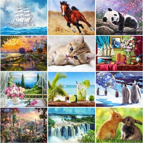 Diy Diamond Painting Cute Domestic Pet Cat Rabbit Wild Protected Animals Panda Horse Beautiful Landscape Still Life Poster