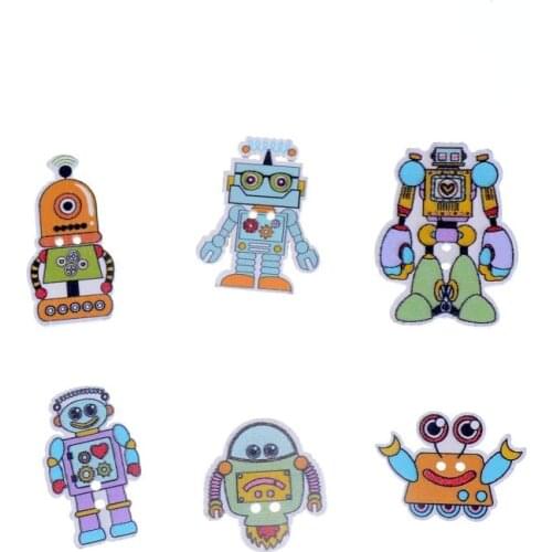 Free shipping 50 Random Mixed Lovely Robot Style 2 Holes Wood Painting Sewing Buttons Scrapbooking F0906