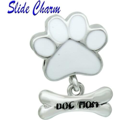 Slide charm free shipping DIY beads White enamel charm beads puppy footprints fit Pandora bracelet necklace